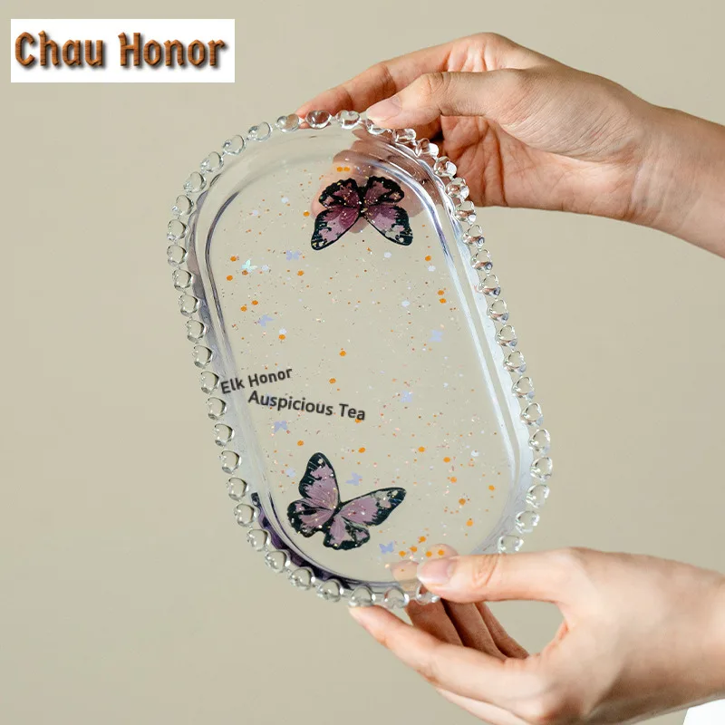 Glass Butterfly Tea Tray Zen Cake Rack Coffee Storage Board Cutlery Organizer Dishes for Serving Tea Services Accessories Craft