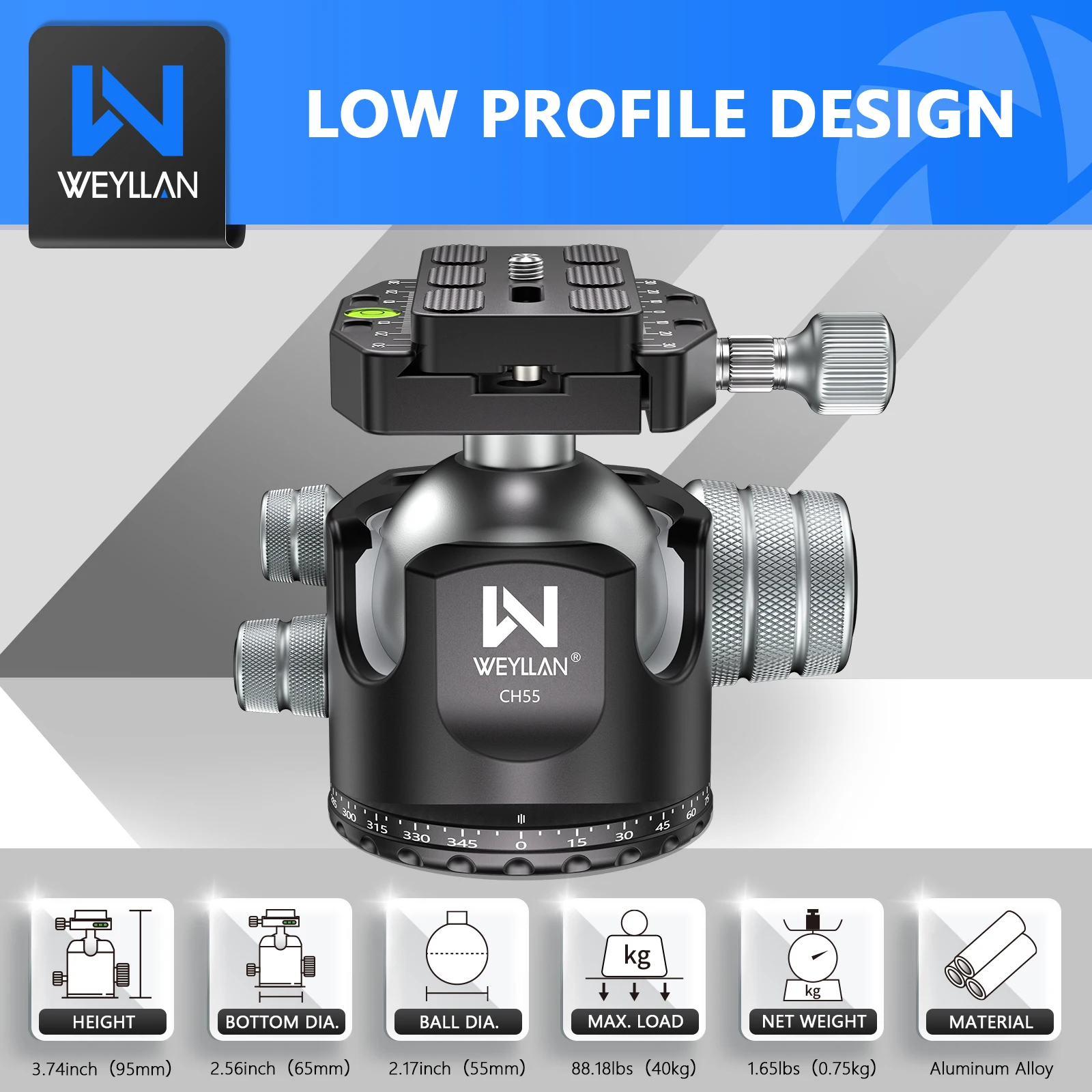 Tripod Head 55mm Aluminum 360&deg; Panoramic 1/4 Tripod Ball Head Mount Arca Swiss Quick Release Plate Camera Momopod Video Ballhead