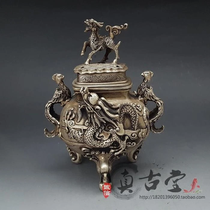 

Antique White Copper, Brass, Silver Plated Large Dragon And Phoenix Incense Burner Ornaments, Incense Path Incense Burner Decora