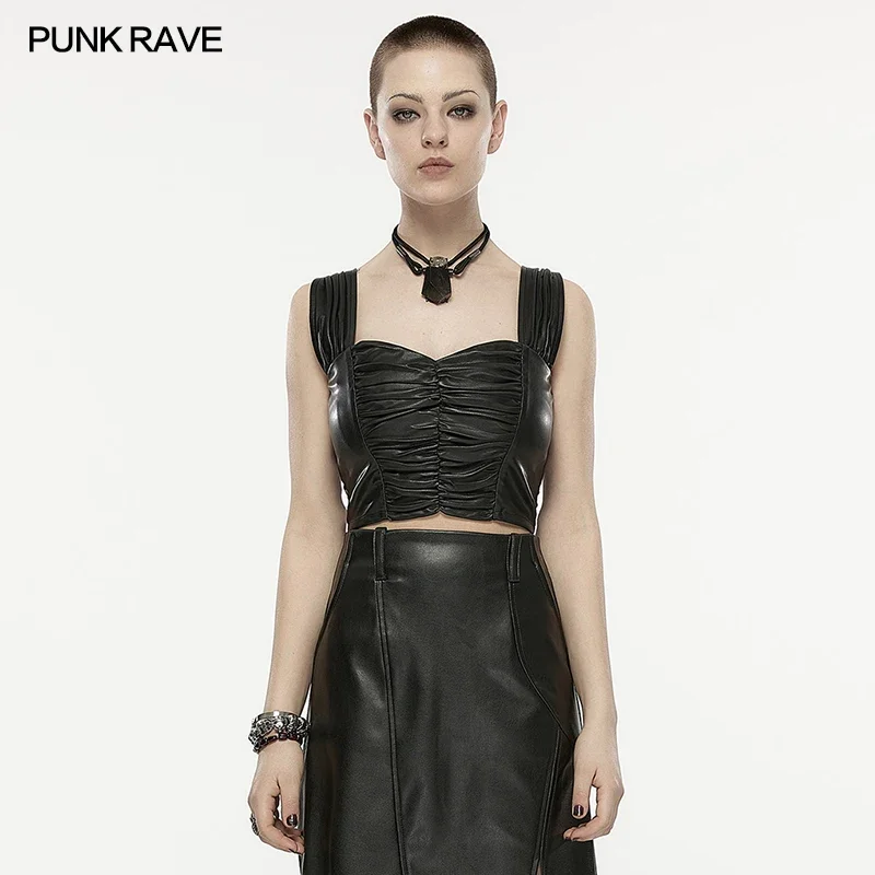 

PUNK RAVE Women's Punk Style Pleated Environment-friendly Faux Leather Black Vest Daily Square Neck Female Sexy Short Tops