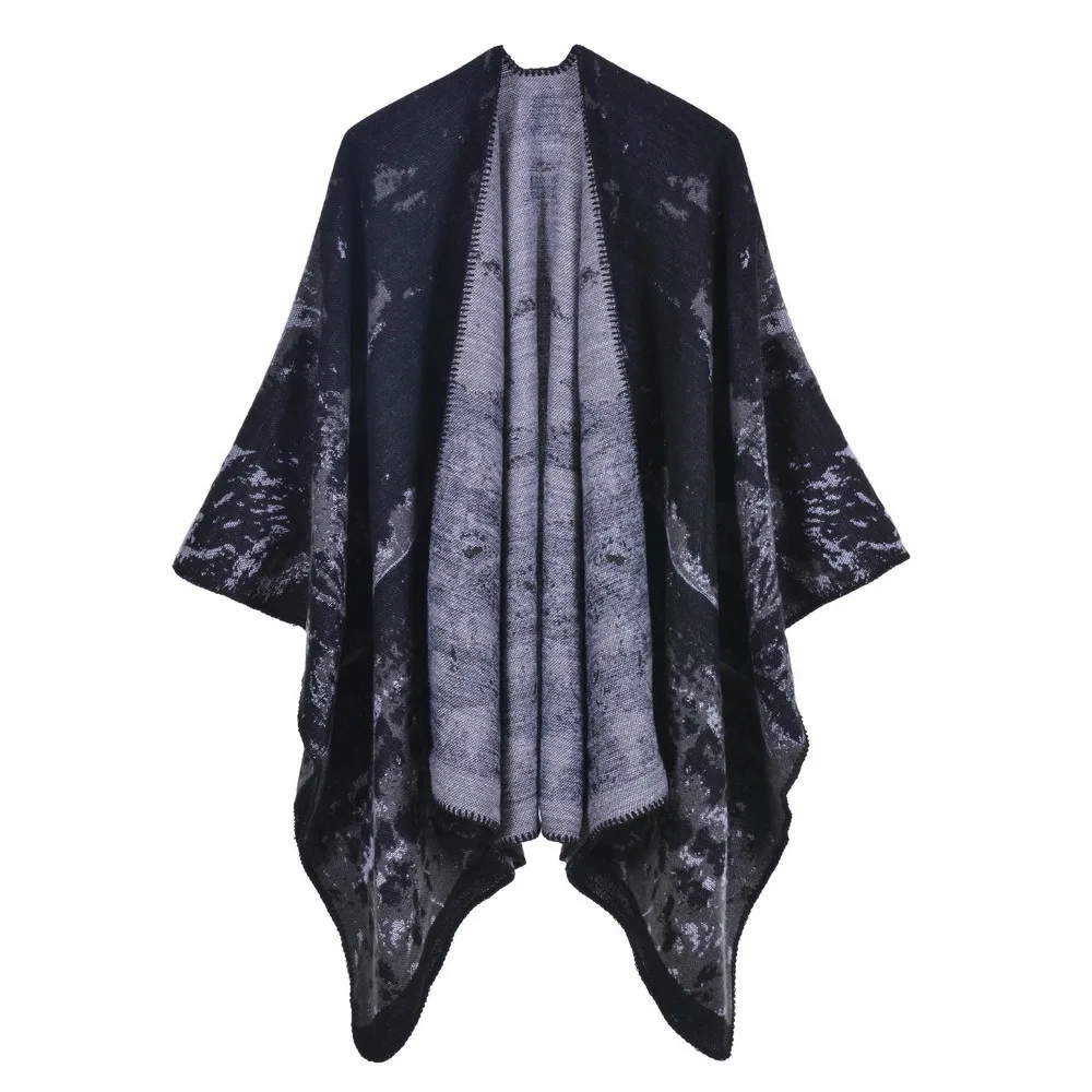 Autumn Winter Knitted Shawl Women's Warm Printing Cloak Imitation Cashmere  Poncho Lady Capes Black Cloaks