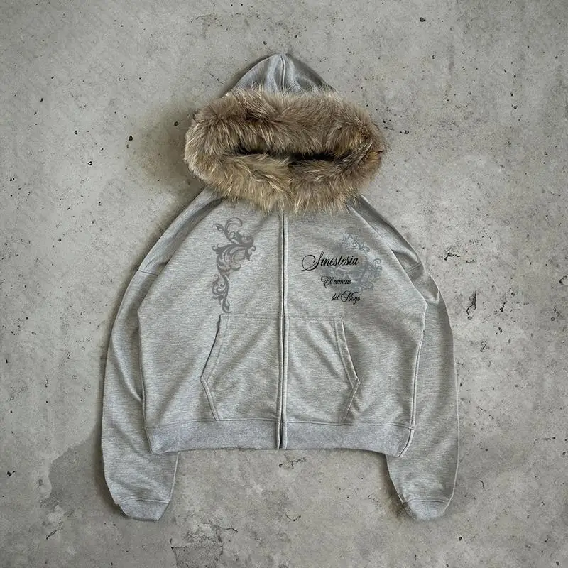 Dark Faux Fur Collar Harajuku Punk Y2K Zip up hoodie High street