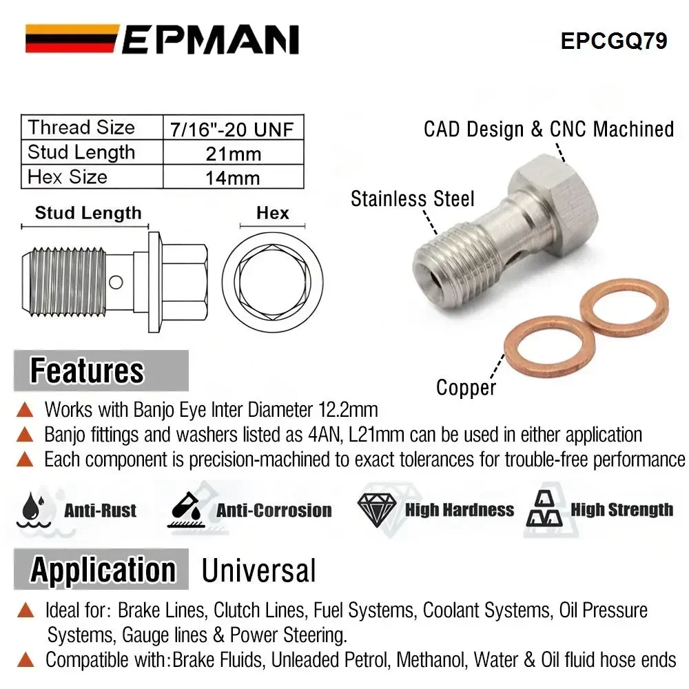 EPMAN Performance Banjo Bolt Single Stainless Steel 7/16" X 20 UNF,-4 AN /-3 AN / M12 M10 Turbo Brake Line Universal EPCGQ79 brake oil connector,brake adapter,racing brake hose lines,bike brake cable,brake cable connector