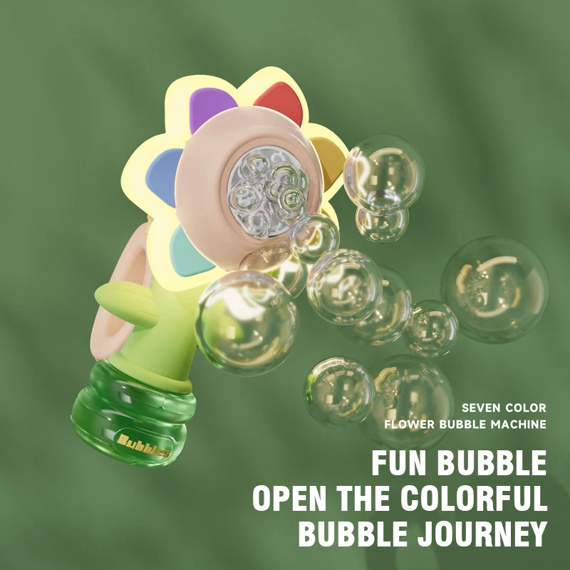 Seven Color Sunflower Handheld Bubble Machine Shake Head Soap Bubbles Swing Light 3 Speed Adjustment Automatic Blowing Kids Toys 3
