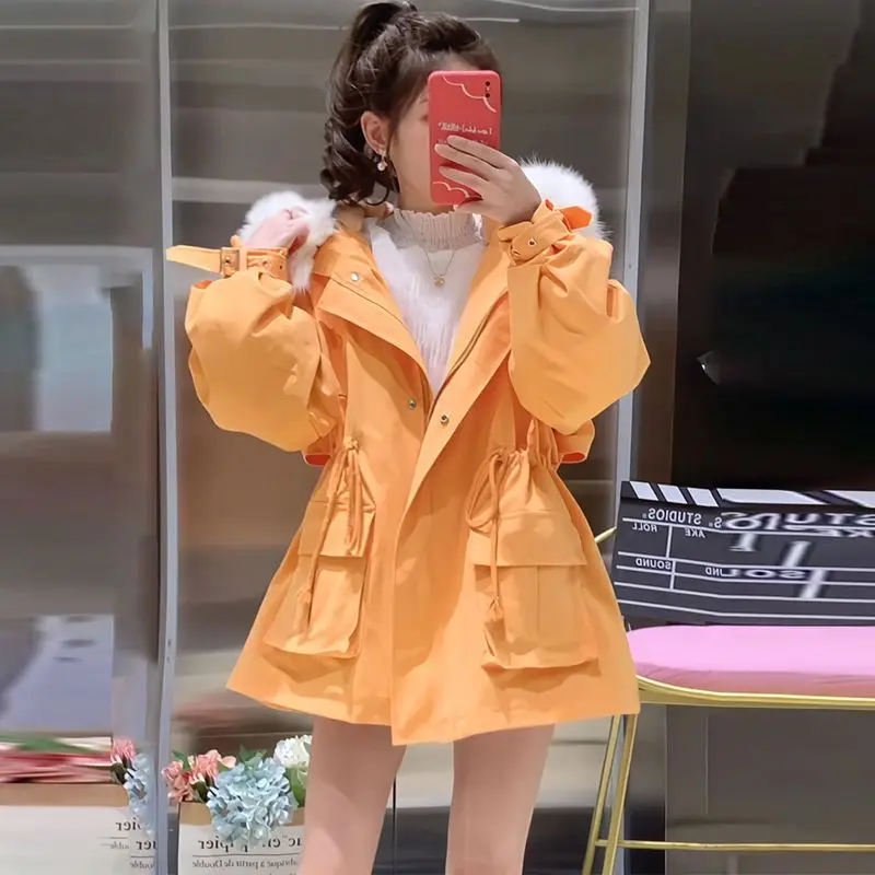 

Pai Overcame The New Popular Winter Women's Cotton Jacket with Plush Thickened Waist Drawstring Large Woolen Collar Outerwear