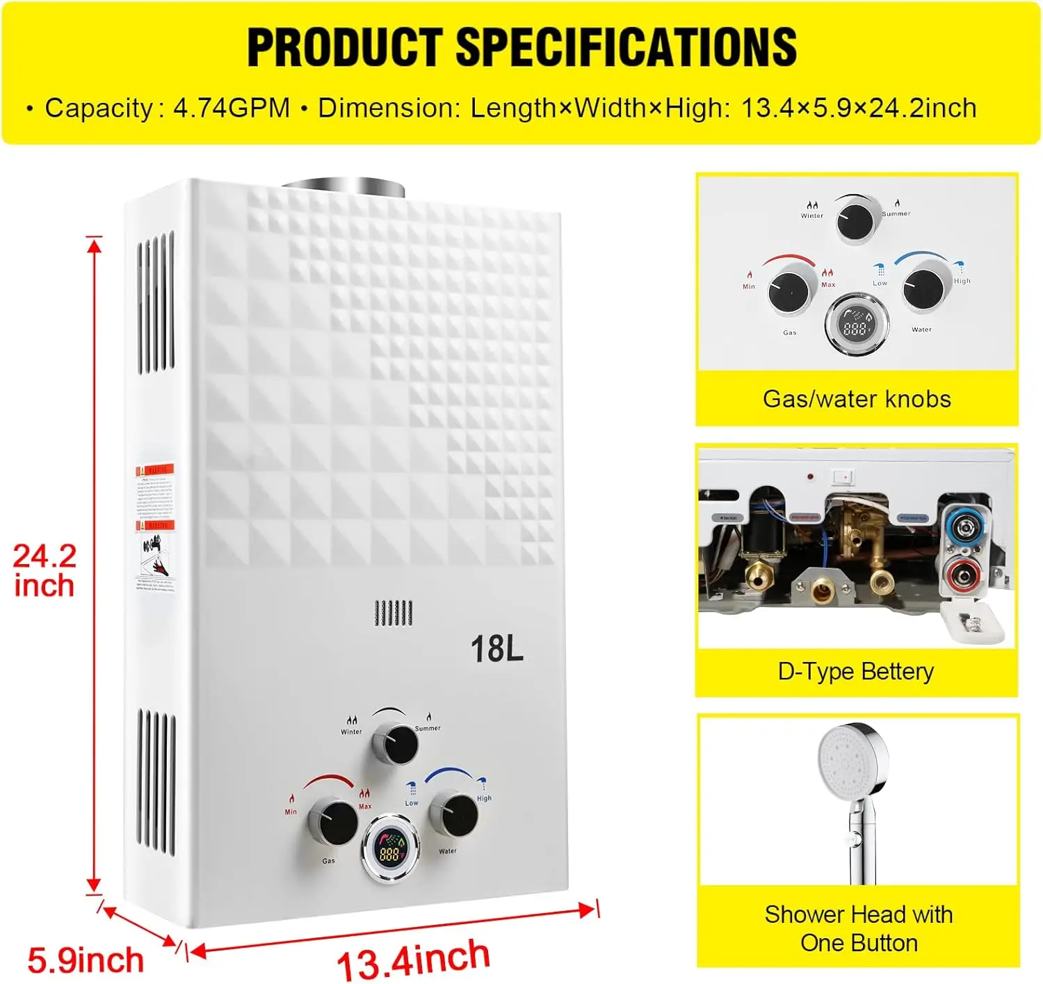 Tankless Water Heater Propane 4.74GPM 18L Outdoor Portable GasHot Water Heater Instant Propane with Digital Display