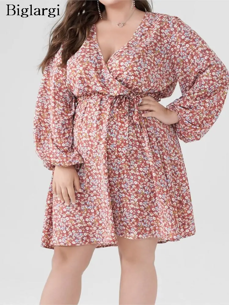 

Plus Size Autumn Midi Dress Women Pink Long Sleeve Floral Print Ruffle Ladies Dresses Fashion Casual Loose Woman Dress 2023