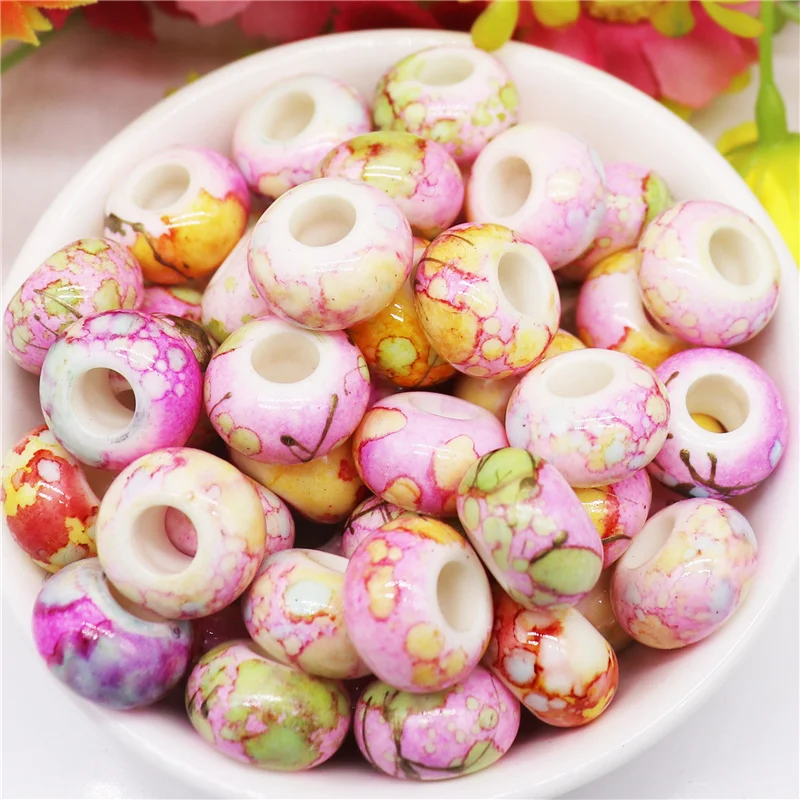 10Pcs Marble European Craft Beads Large Hole Spacer Beads Colorful Pony  Beads for DIY Necklace Bracelet