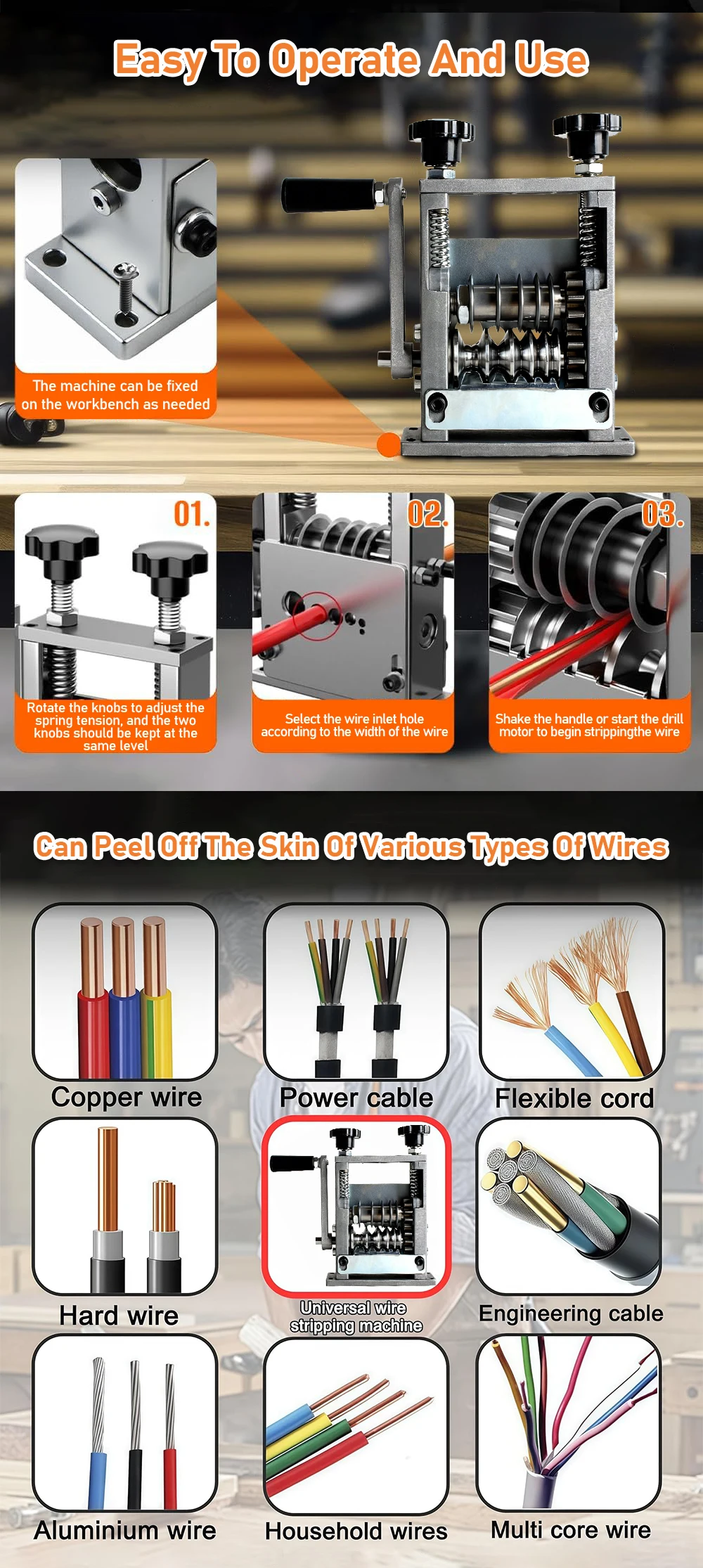 Manual Wire Stripper Multi-Knife Cable Stripping Machine Hand Crank & Electric D