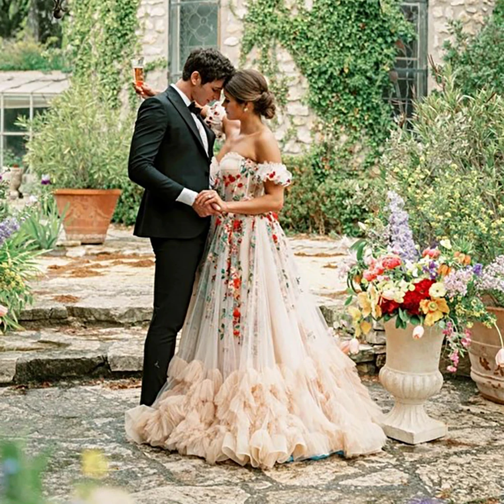 Customized Fairy Colorful Embrioiderey Puffy Wedding Dress Off Shoulders Sweetheart Overlay Tulle Bloom Flower Bridal Gowns 4
