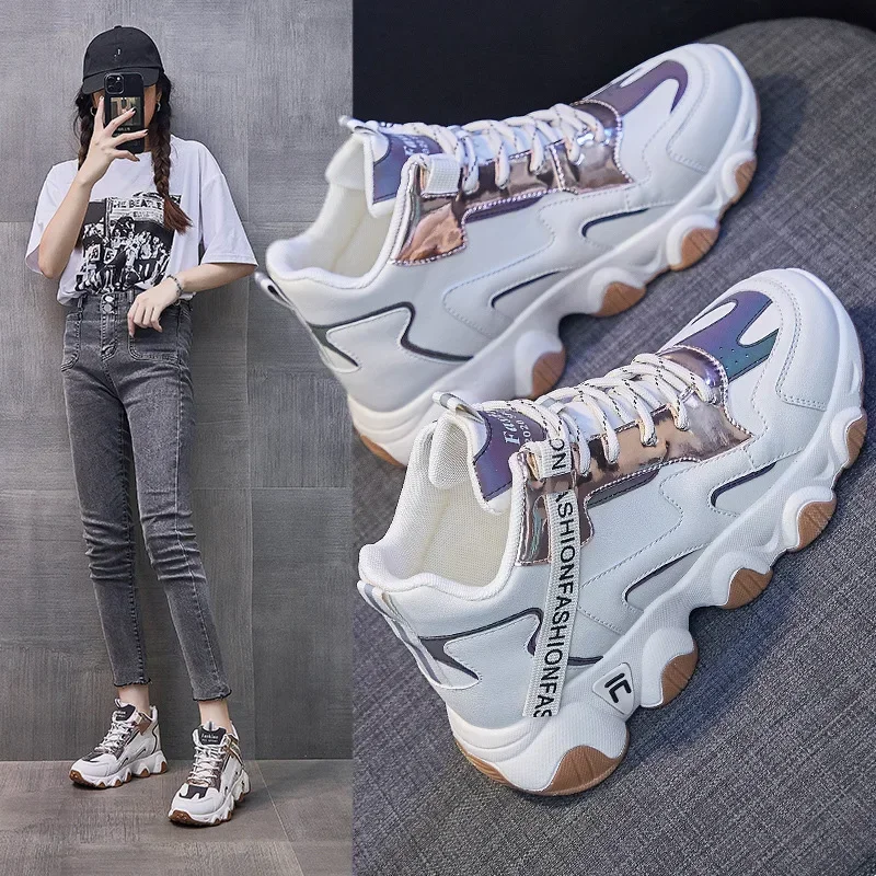 

Women New Casual Lace Up Sneakers Female 2024 Spring New Thick Sole Non-slip Shoes Lady Waterproof Colorblock Chunky Sport Shoes
