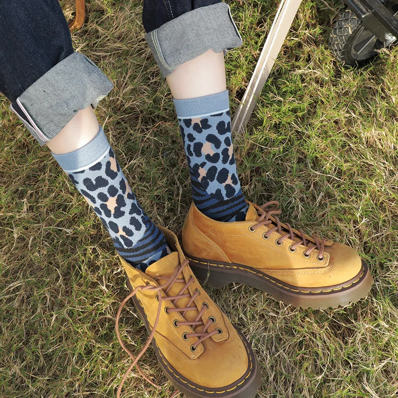 Autumn and winter leopard print feathers tiger stripes personality fashion color socks cotton female thickened mid-thigh socks