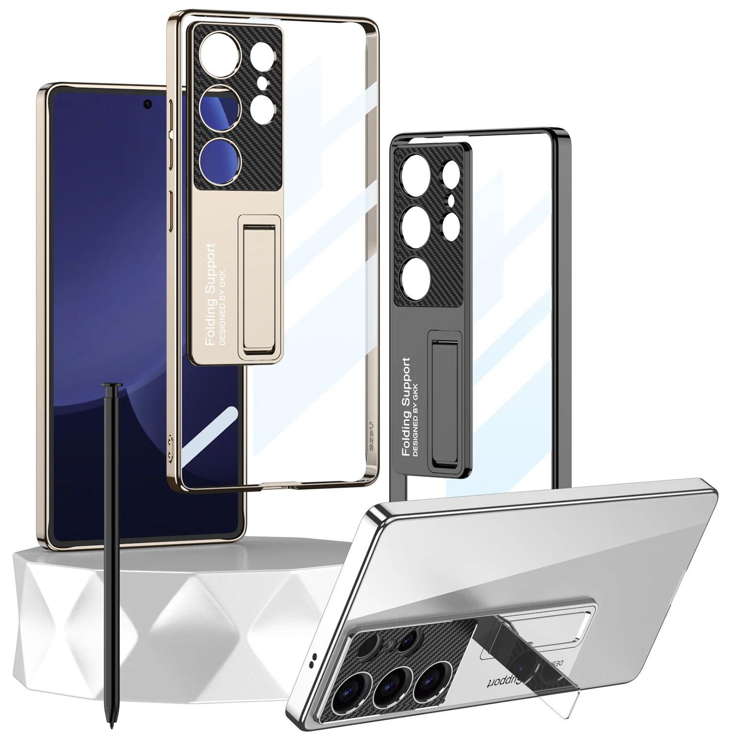 For Samsung Galaxy S25 Ultra Luxury Plating Holder Case Transparent Camera Protective Hard Stand Cover for Galaxy S25Ultra Case 5