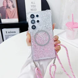 Sparkling Shockproof Phone Case with Magnetic Lanyard and Strap Cover - S25 FE (Yin pink)