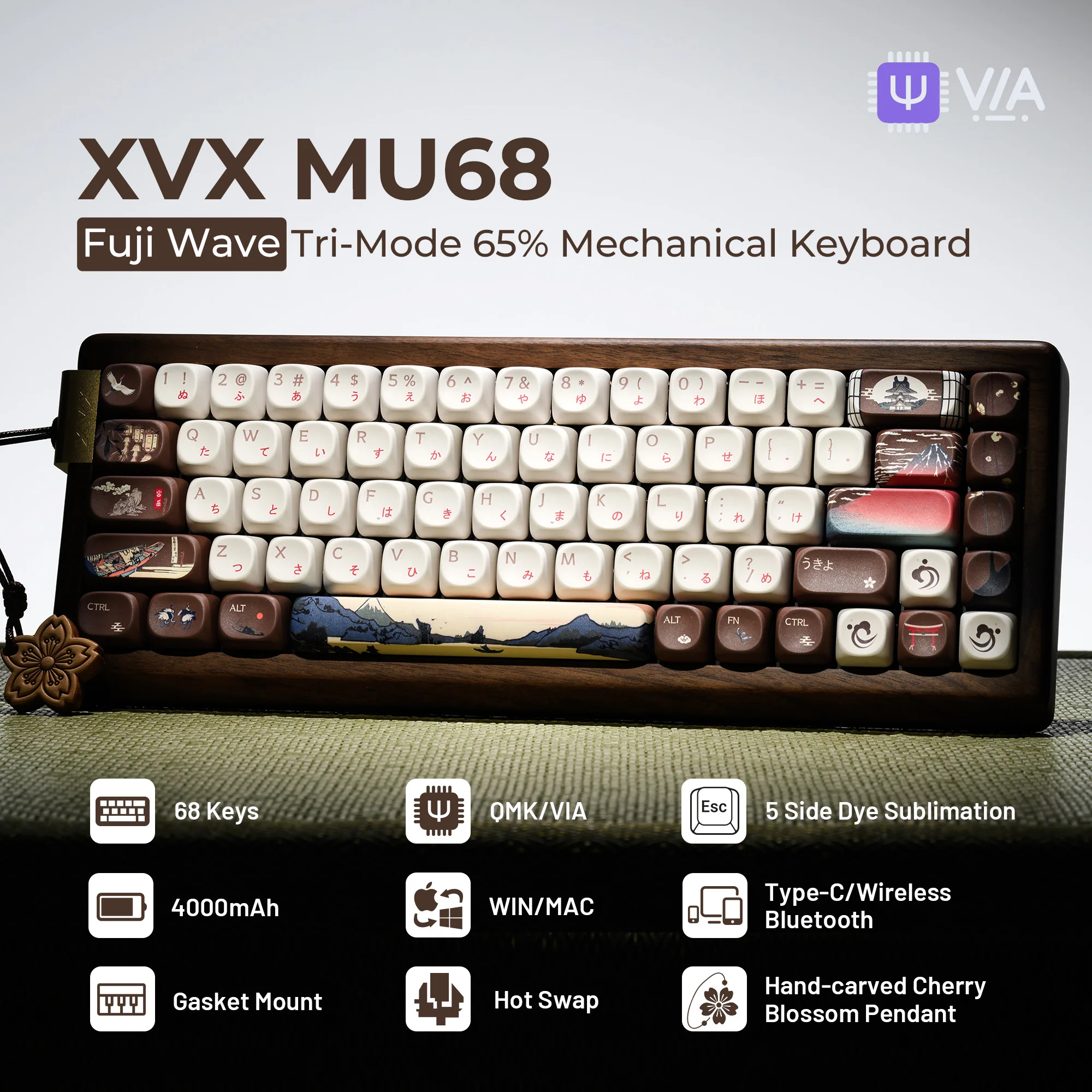 XVX MU68 FujiWave Wooden Mechanical Keyboard Tri-Mode Hot