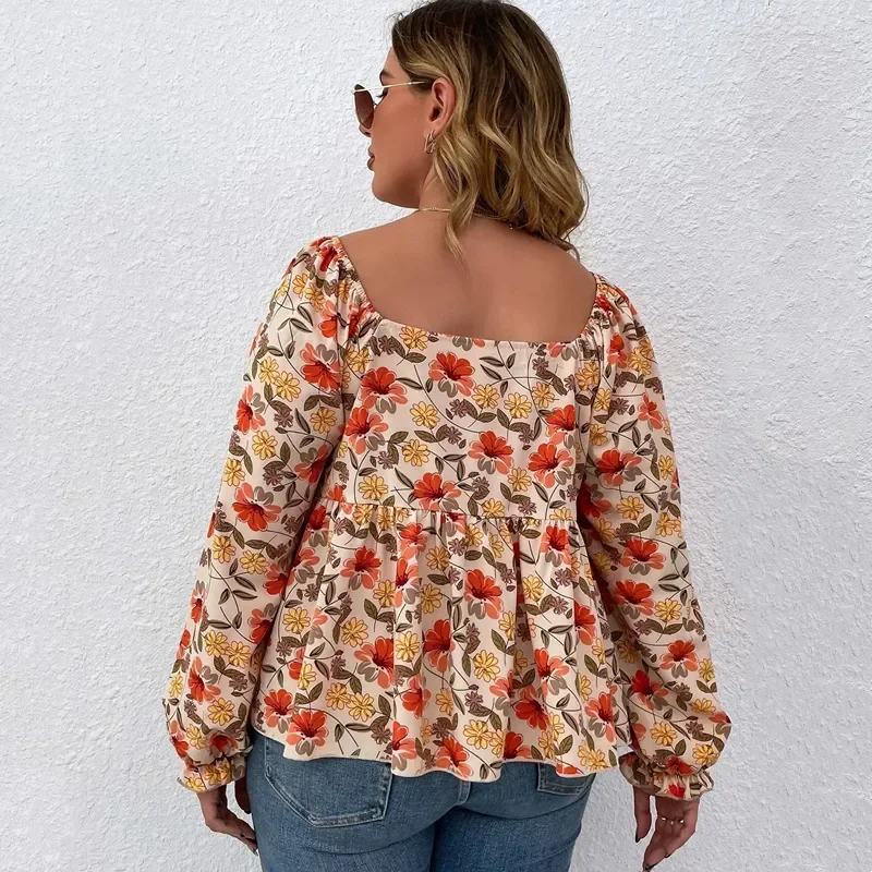 Plus Size Floral Print Square Neck Summer Spring Elegant Peplum Blouse Women Lantern Sleeve Casual Blouse Female Large Size 6XL