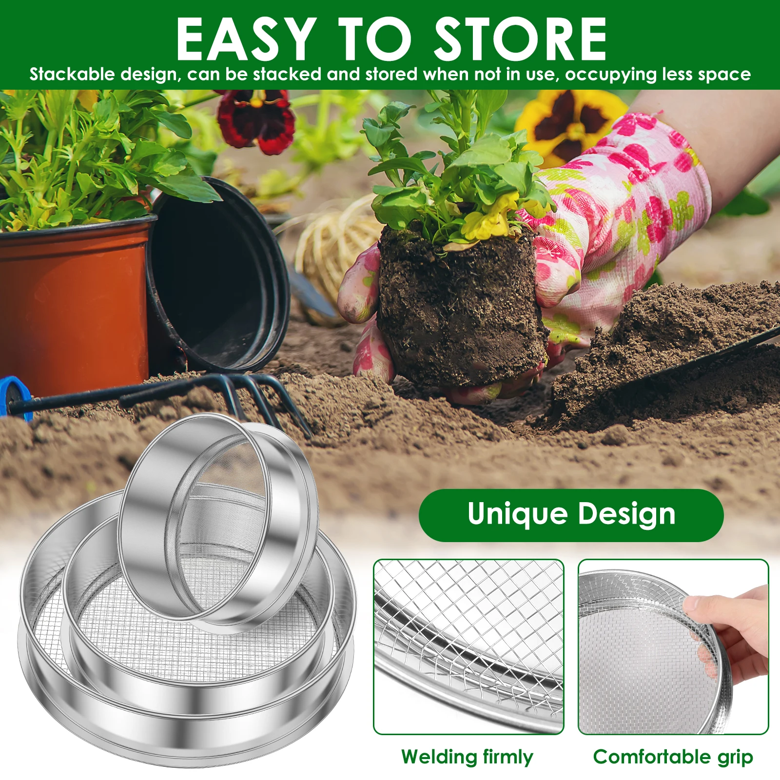 3Pcs Stainless Steel Soil Sieve Stackable Garden Sieve Set 15/20/25cm Compost Rock Sifter Portable Garden Planting Accessories
