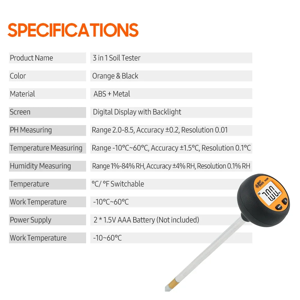 SMART SENSOR PH328 Digital Backlight Soil Tester 3 in1 pH/ Moisture/ Temperature