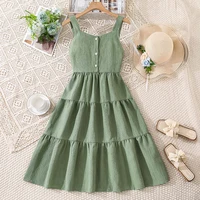 Robe d'été verte pour filles de 8 à 12 ans, design à volants sans manches avec nœud au dos et taille élastique, vêtements décontractés pour enfants 1