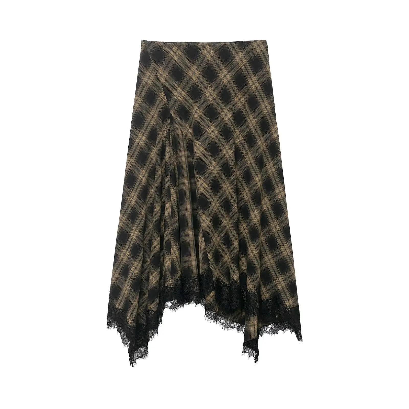 Spring New Check Lace Hem Asymmetric Skirt Women Eelgant A-line Zip-up Midi Skirts Female Vintage Party Skirts 2026 New