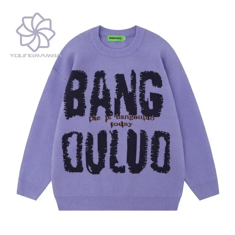 

Trendy American Vintage High Street Letter Sweater Women 2023 Autumn Winter Retro Couple Pullover Loose Knitted Tops