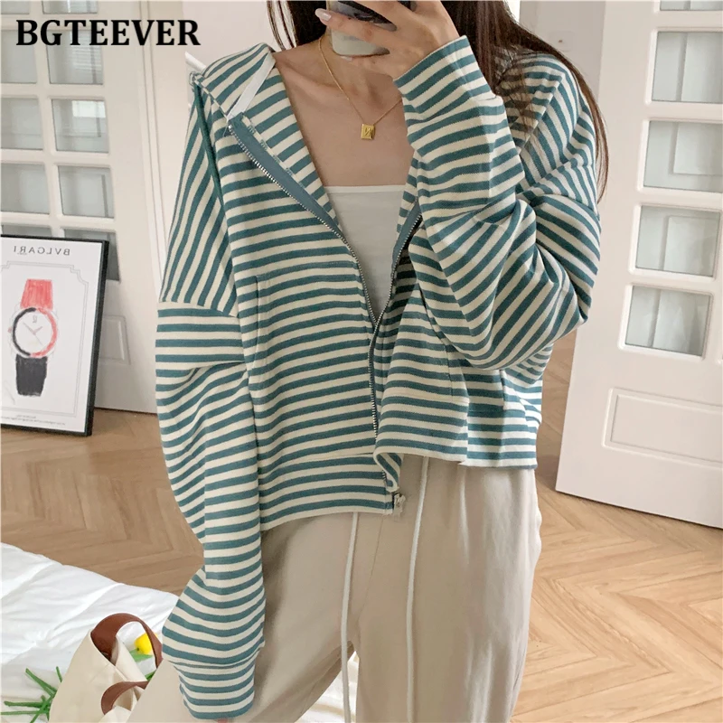 

BGTEEVER Autumn Loose Zipper Up Women Striped Cardigans Stylish Long Sleeve Female Hoodies Jackets Ladies Sweatshirts Outwear