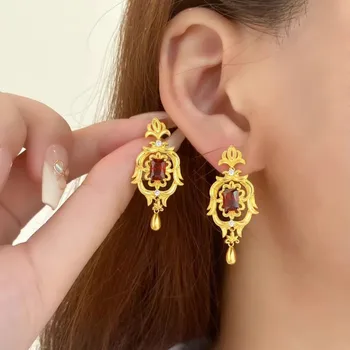 9999 24K real gold shop with the same gold women's earrings and earrings, retro garnet jewelry, luxurious and beautiful