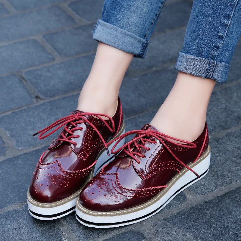 STRONGSHEN British Style Women Brogue Shoes Round Toe Oxfords Platform Casual Leather Footwear Increase 4.5cm Sapatos Chaussures 5