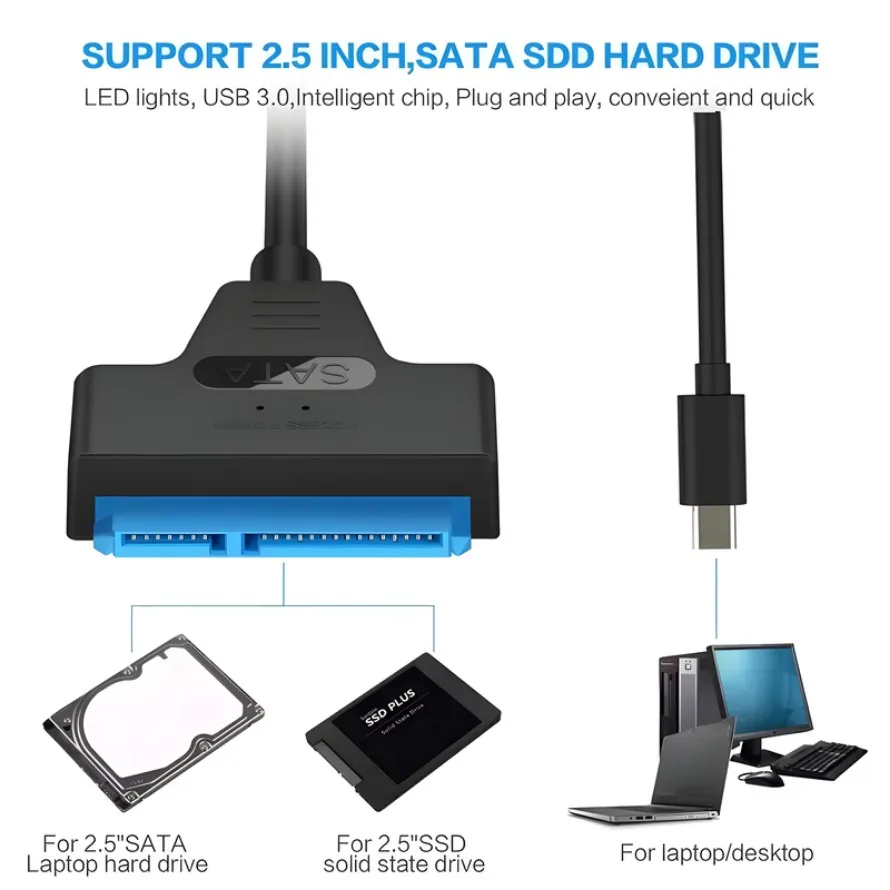 Type-C-Sata �ϵ� ��ũ ����� ���̺� 7+15 ��Ʈ�� �� USB C ���̺��� 22Pin SATA 2.5 ��ġ ������ HDD SSD �ϵ� ����̺� �����