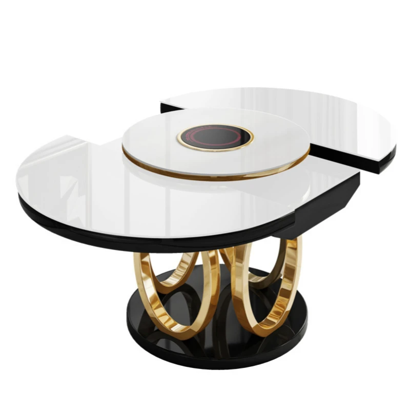 

dining table round tablel furniture with turntable telescopic rotating household dining table and chair combination