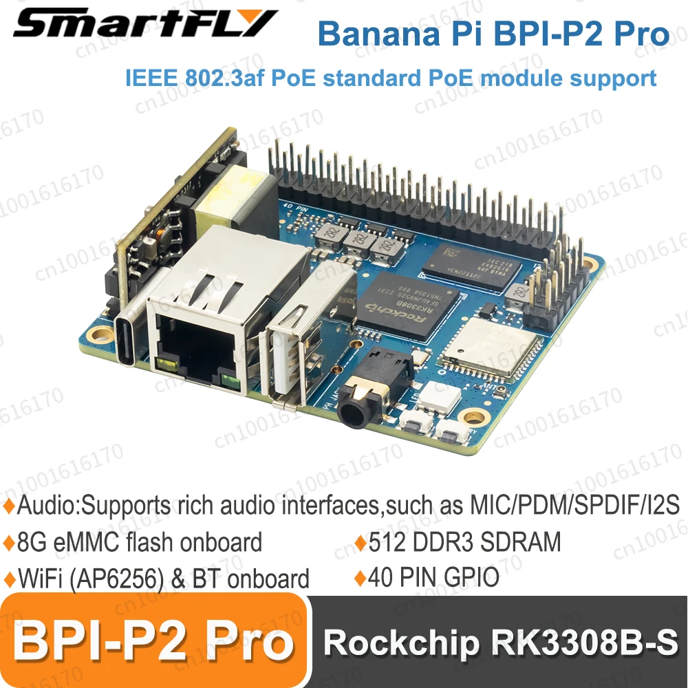 Banana pi Conselho de Desenvolvimento com Módulo Poe Bpi-p2 Pro Rockchip Rk3308 40 Pin Gpio 512m Ddr3 8g Emmc Suporta Wi-fi Bluetooth