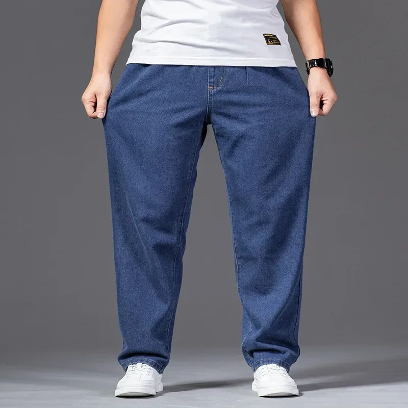 Thick Thigh Wide Leg Jeans For Men Autumn Straight 140KG Stretched Gray Denim Trousers Elastic Waist Plus Size 42 46 Male Pants