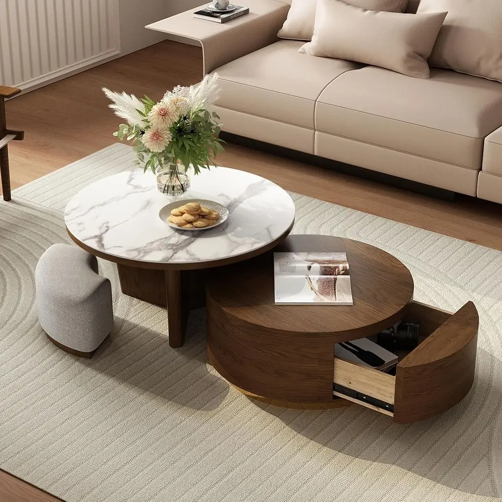Ensemble de table basse Walnara en marbre - plateau en marbre avec base en noyer