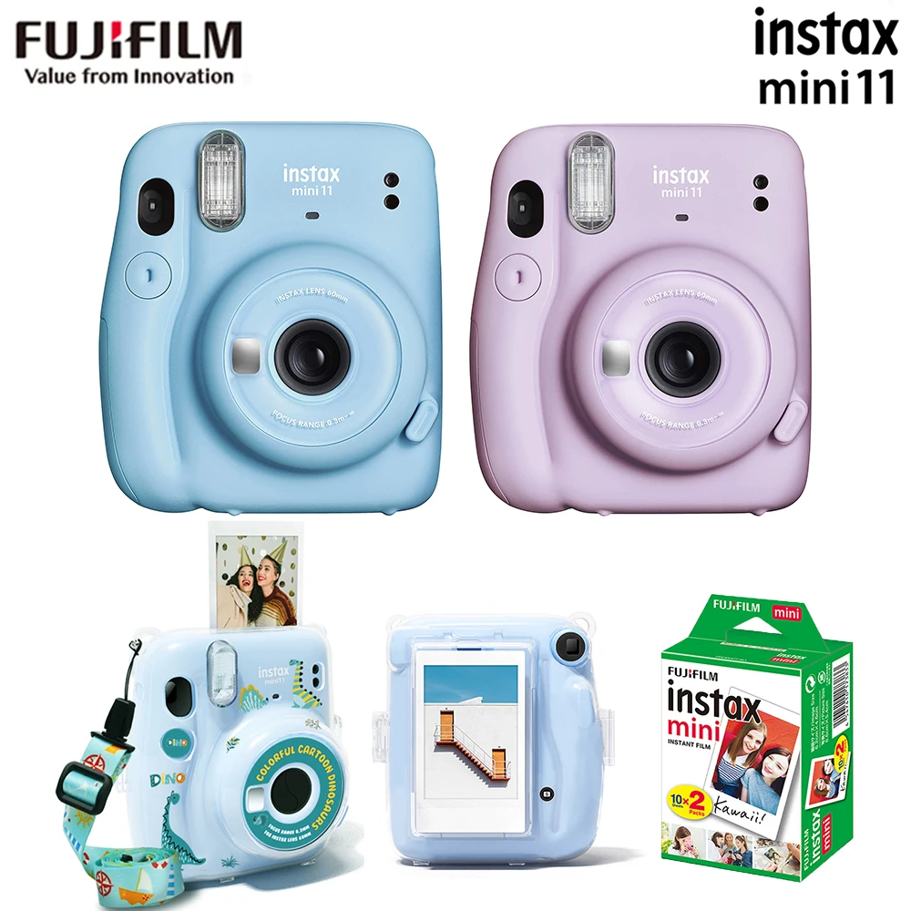 Fujifilm Instax Mini 11 Fotocamera Istantanea Viola/Celeste + 20 Fogli Instax Mini Pellicola Bianca + Custodia Rigida In Cristallo Con Custodia + Cint