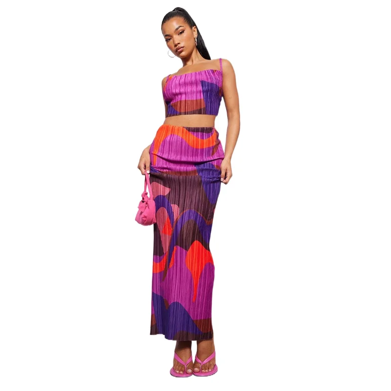

Elegant Crimping Women 2 Piece Set Spaghetti Straps Crop Top Long Maxi Skirts Matching Set 2023 Summer Holiday Beach Sundress
