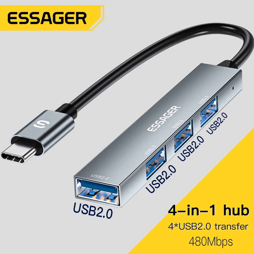 Фото Essager 4 в 1 USB C кабельный концентратор USB 2,0 высокоскоростной разветвитель Тип C концентратор адаптер для ноутбука компьютера USB многофункциональный расширитель №1