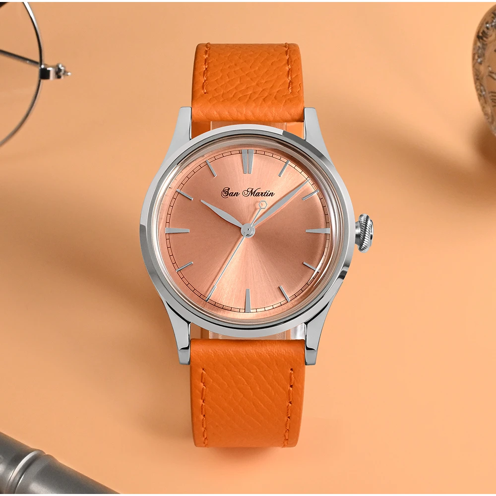 

San Martin Dress Watch Men Automatic Mechanical 38mm Salmon Sunray Dial Simple Vintage PT5000 Sapphire Glass 5 Bars Leather Stra