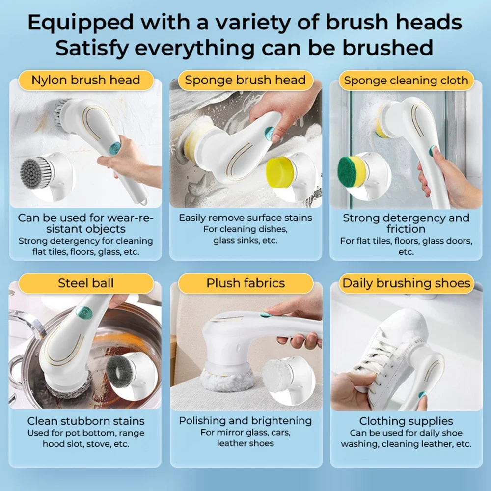 5 IN 1 Electric Spin Scrubber Cordless Handheld Cleaning Brush
