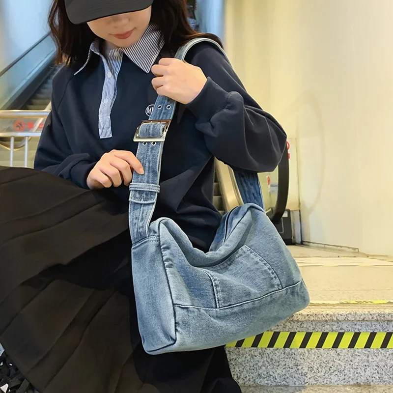 Fashion Denim Women's Bag New Jeans Messenger Bag Y2K Shoulder Bag Belt Eco Bag Korean Shopper Satchels Canvas Handbags Travel