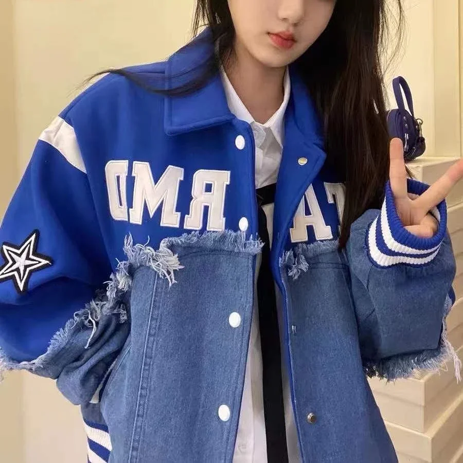 New Women's Denim Patchwork Jackets Oversize Sports Top Bomber Jacket Coats American Streetwear Retro Baseball Jerseys men s pullovers elegant casual harajuku cartoon luxury jerseys vintage sweatshirt high quality 2 piece set oversized clothing