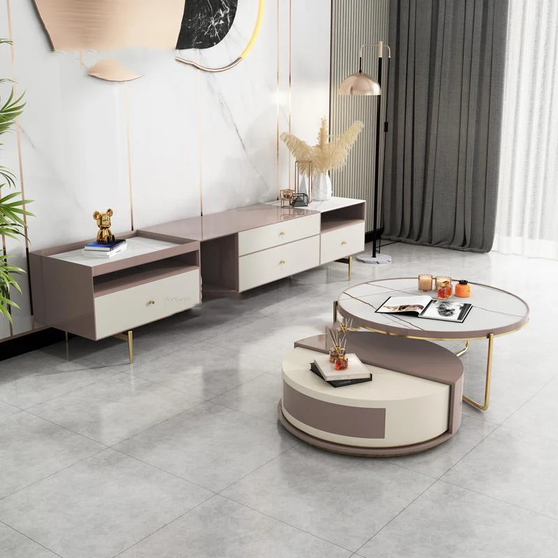 

Contemporary Creative Luxury High-End Round Coffee Table And TV Cabinet Set A Set 2 Tea Tables Indoor Furniture Family Used