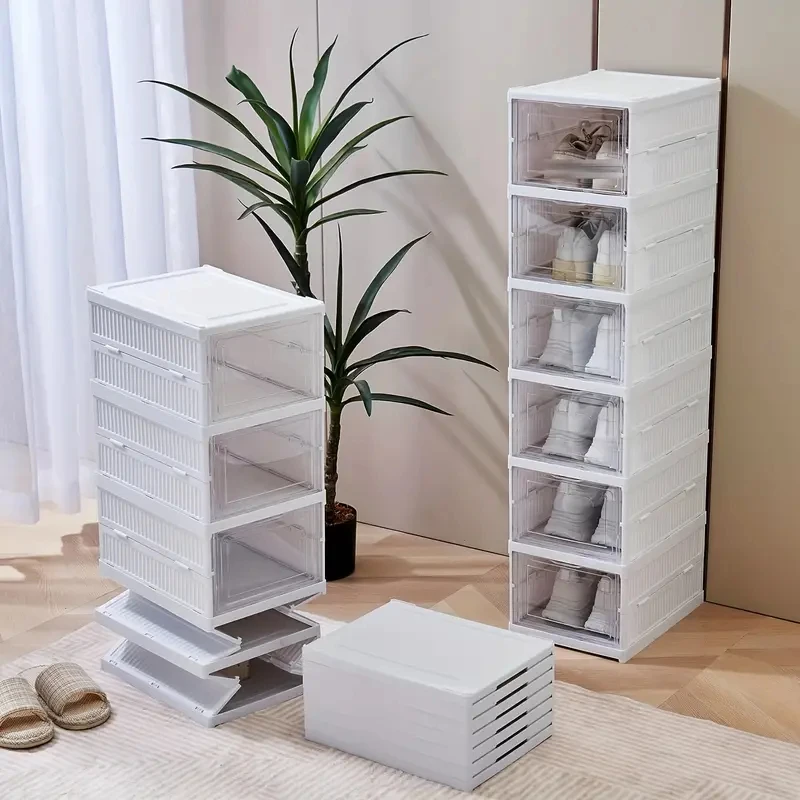 6 Door White Plastic Folding Shoe Box Stackable Free Standing Shoe Rack Resistant to Heavy Pressure Breathable Visible Box.