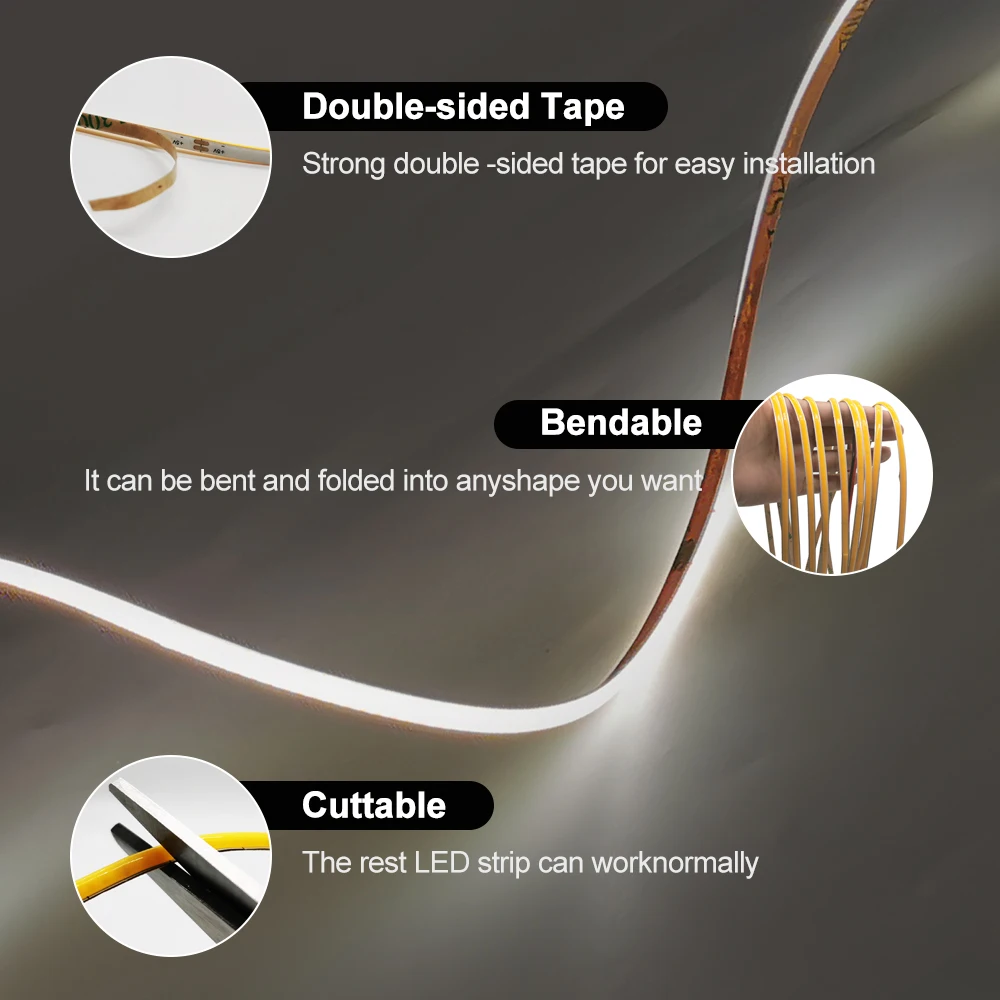 DC12V 24V 4mm Super Thin COB LED Strip Lights Soft 480LEDs/m High Density Flexible Tap Ribbon 3000K 4000K 6000K Linear Dimmable