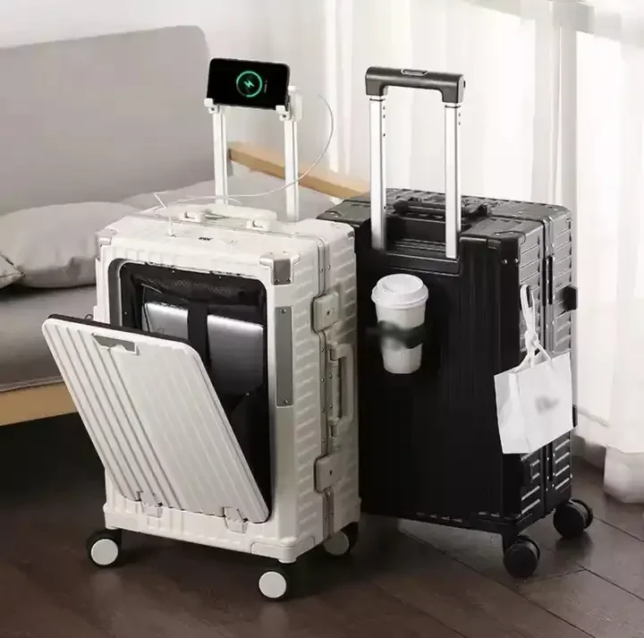 Multifunction Carry on Luggage With Front Open Compartment Hot Sale Boarding Case With USB Charging Port Aluminum Frame