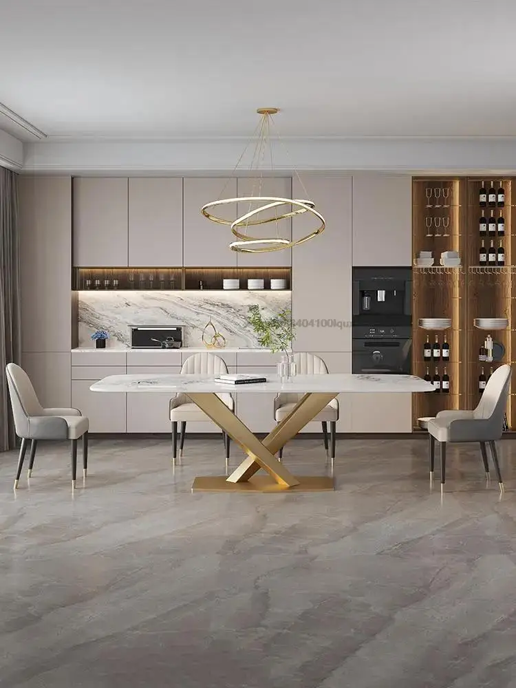 Luxurious Kitchen Table In Rectangle Marble Desk Top Stainless Steel