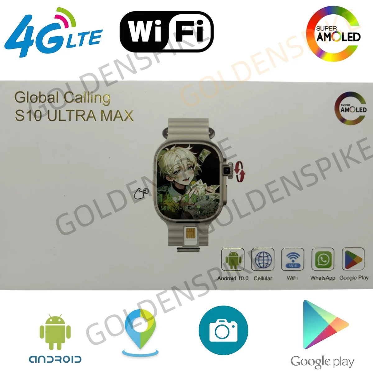 GOLDENSPIKE S10 Ultra MAX 4G ����Ʈ��ġ �ȵ���̵� ����Ʈ �ð� 448*528 180 ��   ���͸� ī�޶� GPS WIFI ȭ�� ��ȭ NFC �� �ٿ�ε�