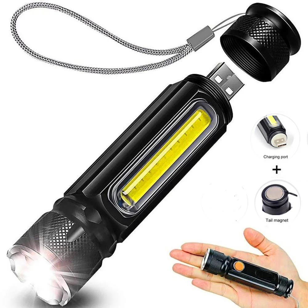 

USB T6 Strong Light LED Rechargeable Flashlight Magnetic Torch Lanter Zoomable Flashlight COB Zoom Highlight Outdoor Lighting