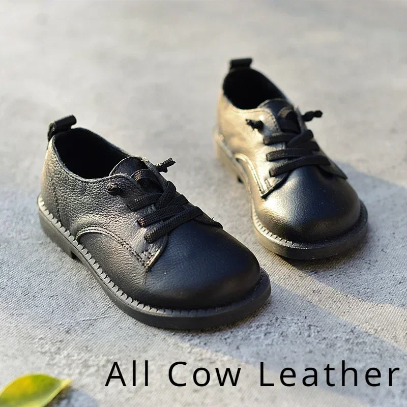 Kids Dress Cowhide Shoes Boys Girls Genuine Leather School Show Flats Classic British Spring Matte Black Soft Bottom Children's