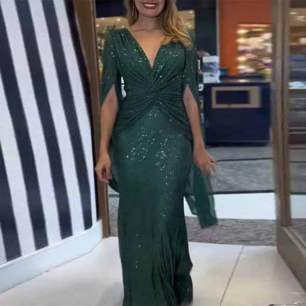 

Women Polyester Dress Elegant Sequin Maxi Dress with V Neck Split Sleeves for Women Slim Fit Waist Knot Pleated Evening for Prom