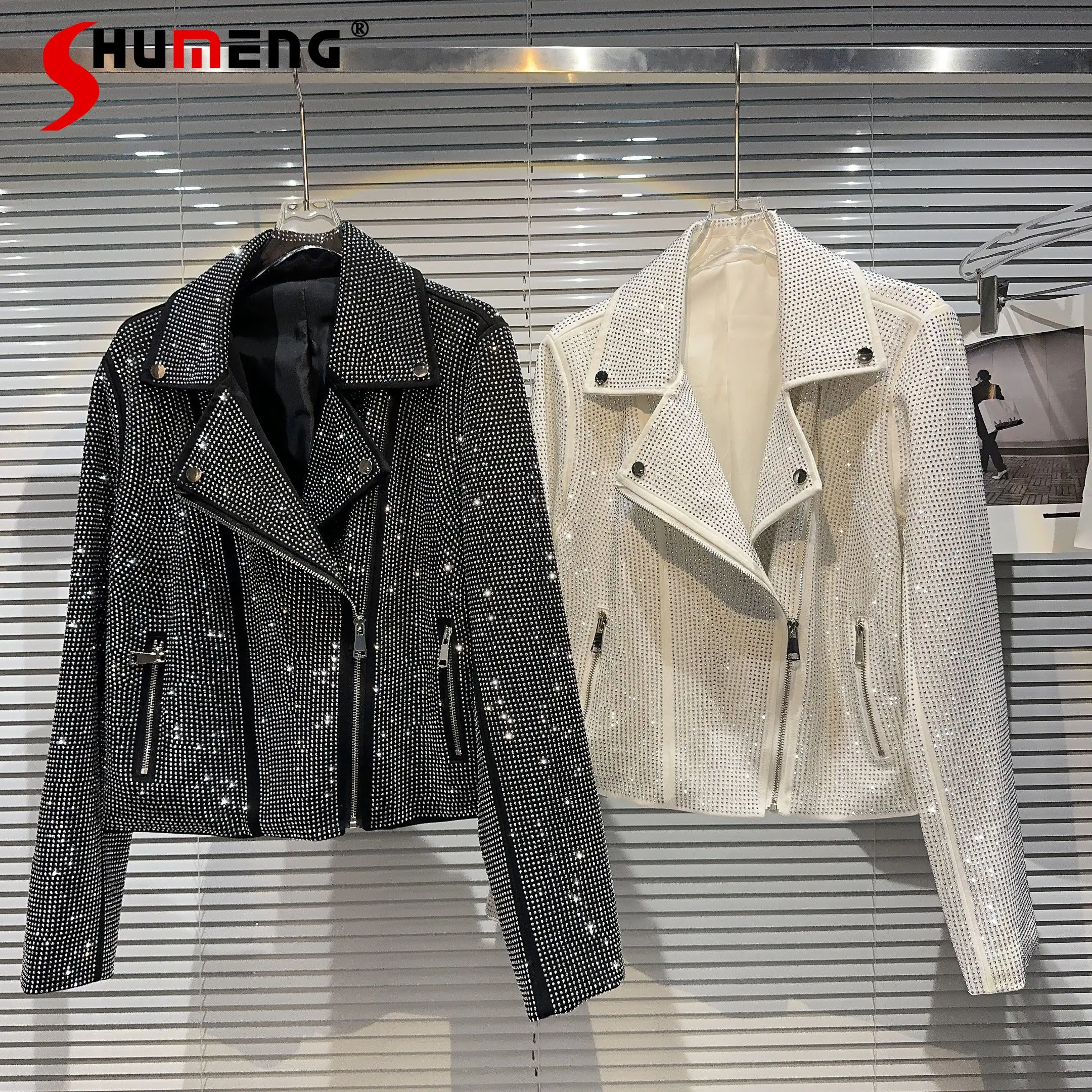 

Fashion 2024 Spring New Jackets Hot Girl Full Diamond Rhinestone Zipper Coats Long Sleeve Solid Color Women's Short Coat